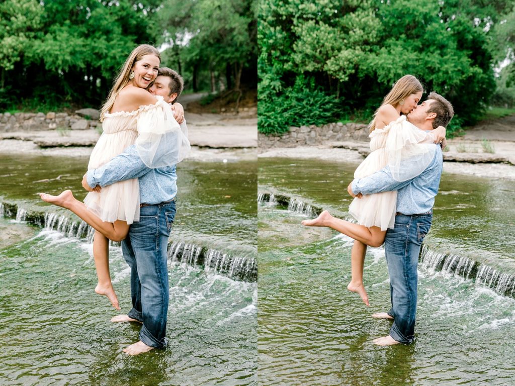 couple kissing in airfield falls Texas engagement