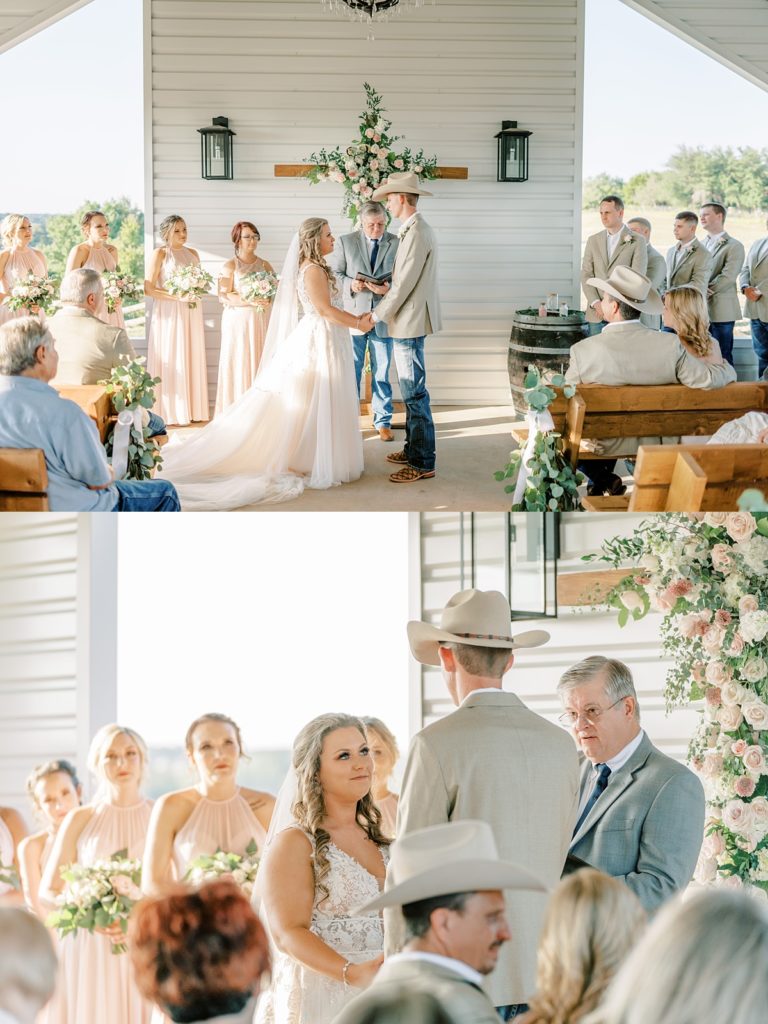 bride and groom holding hands at alter Diamond H3 Ranch wedding