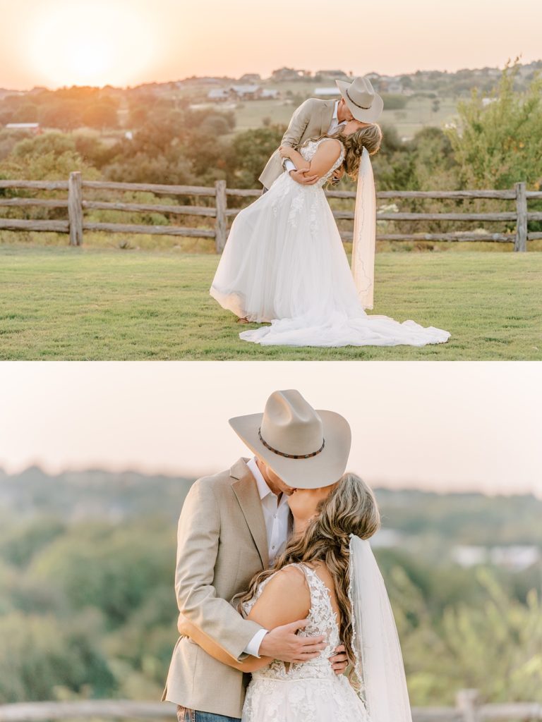Groom dipping bride for kiss at Diamond H3 Ranch