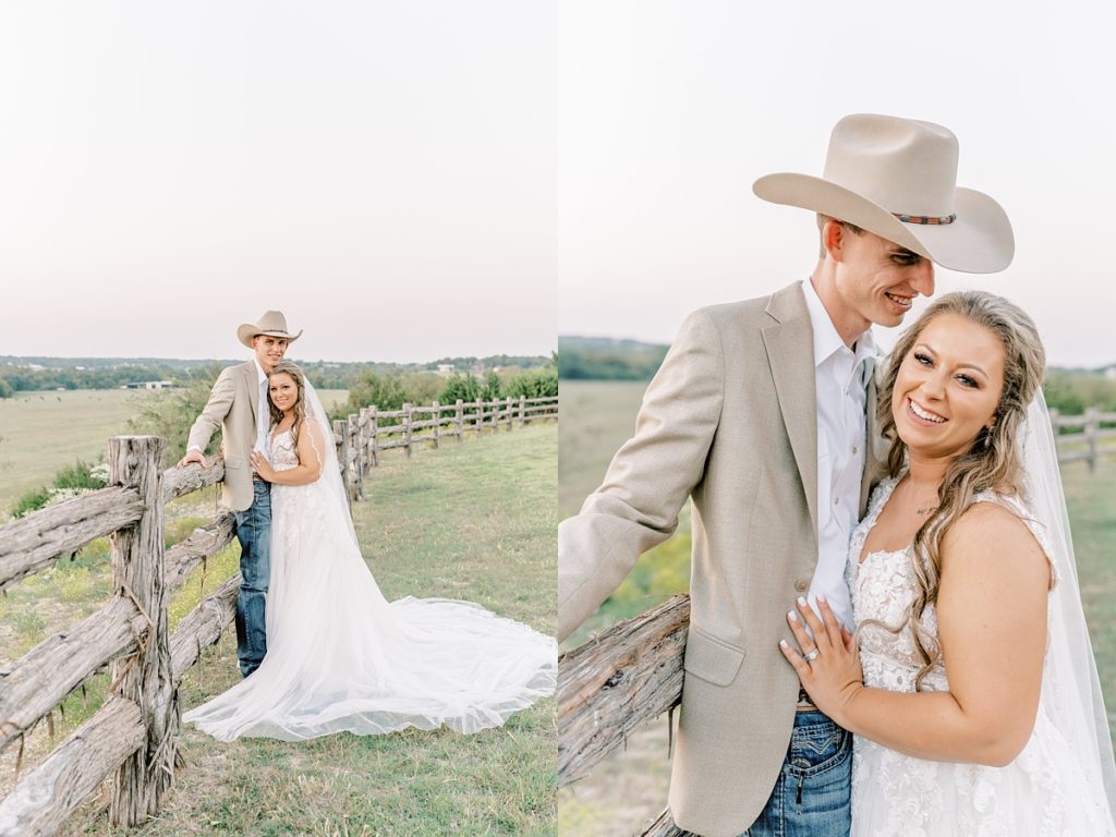 bride and groom standing by fence at Diamond H3 Ranch