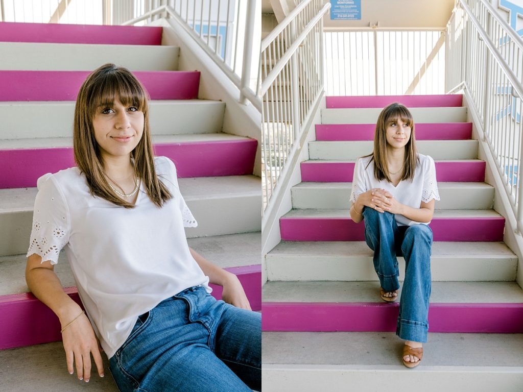 Girl sitting on purple stairs in Texas senior session