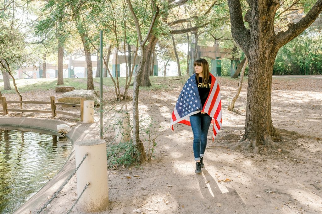 Girl wearing American flag and ARMY shirt for Texas senior session