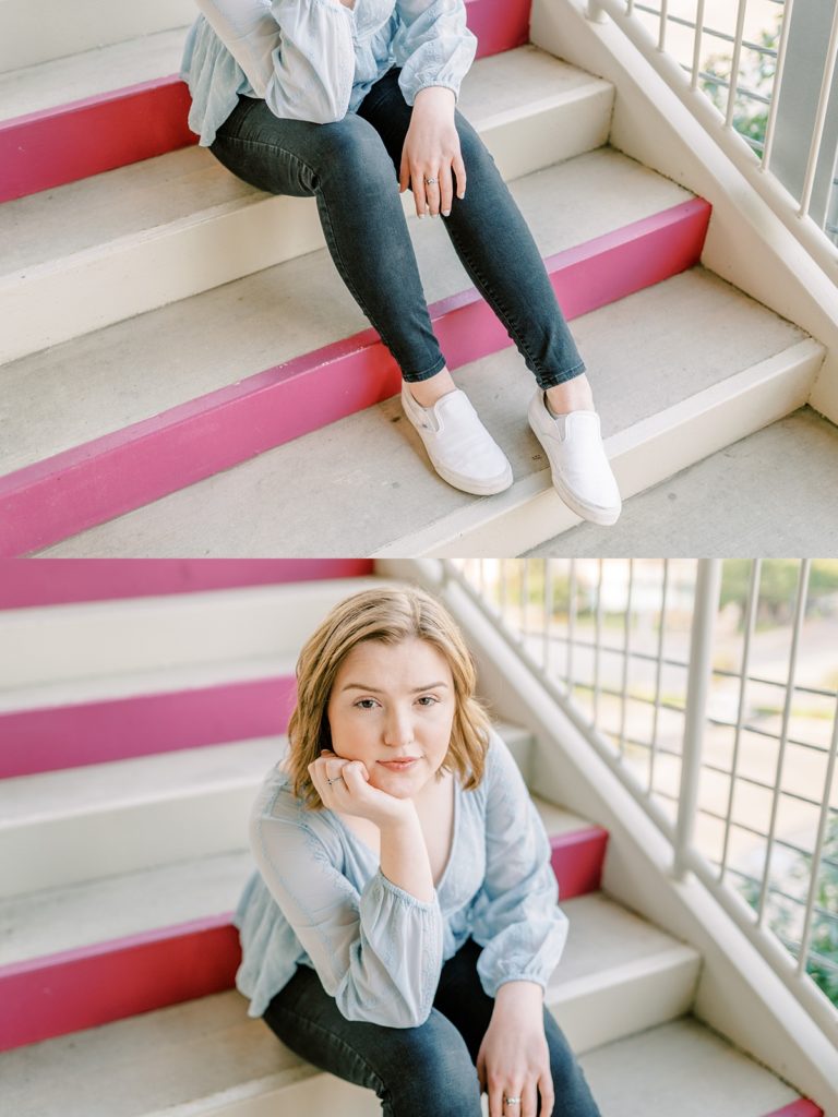 girl sitting on purple steps for 2021 high school senior session
