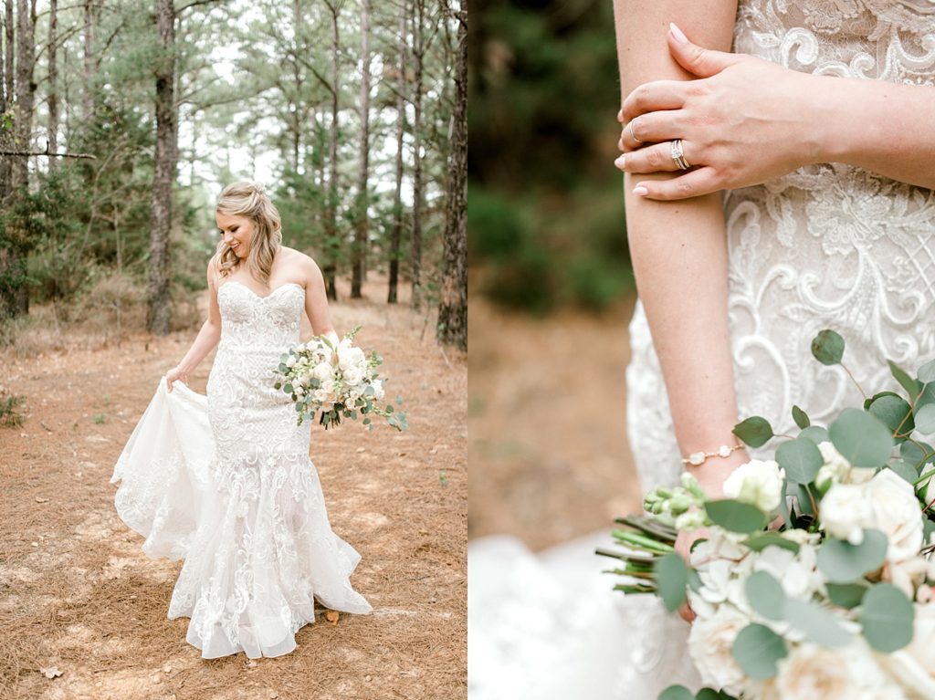 bridbride holding wedding bouquet e walking through woods for Texas bridals