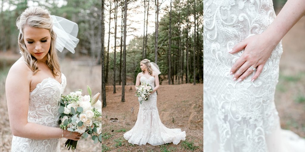 Bride standing in woods holding bouquet in outdoor bridal session Texas