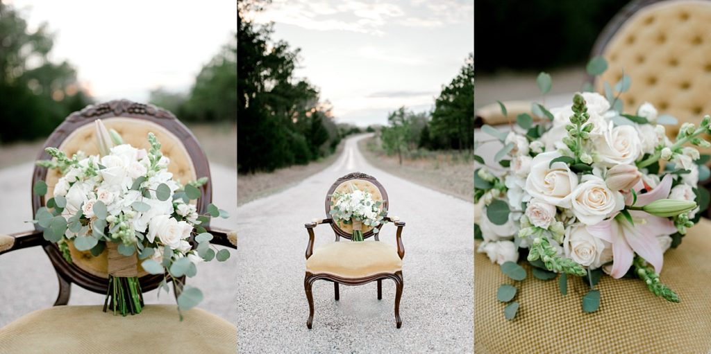 vintage chair sitting in middle of road with bouquet in it