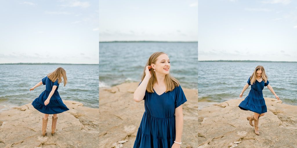 Girl twirling in dress by lake Timber Creek senior session 