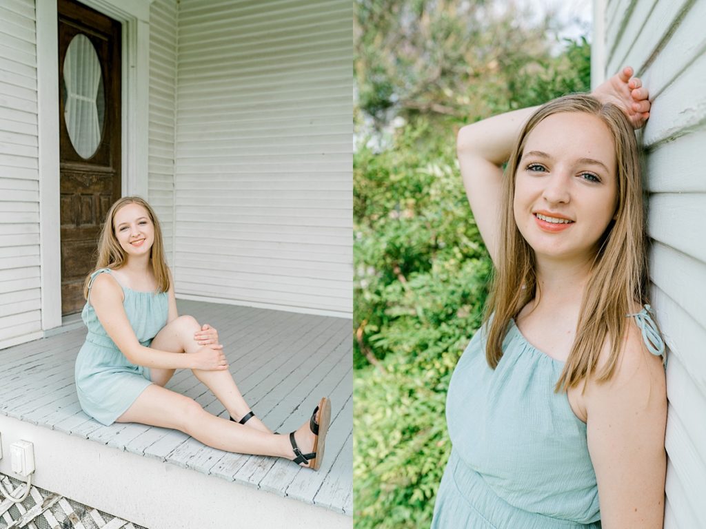 Girl posing on porch of house Timber Creek Texas senior session
