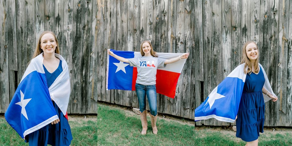Girl wrapped in TX flag for Timber Creek Senior session 