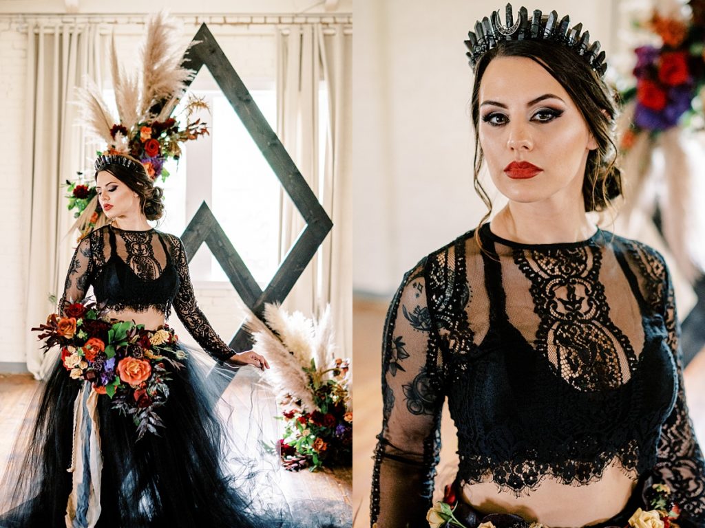 bride in black 2 piece wedding gown with crystal wedding crown