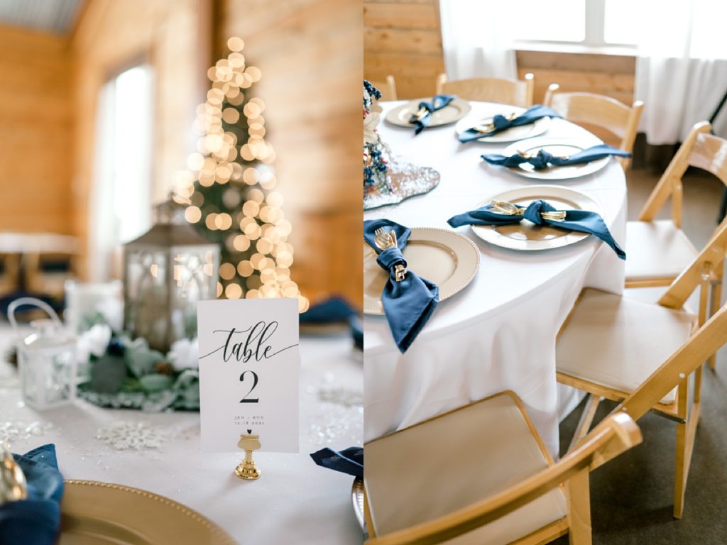 white navy gold Christmas wedding table