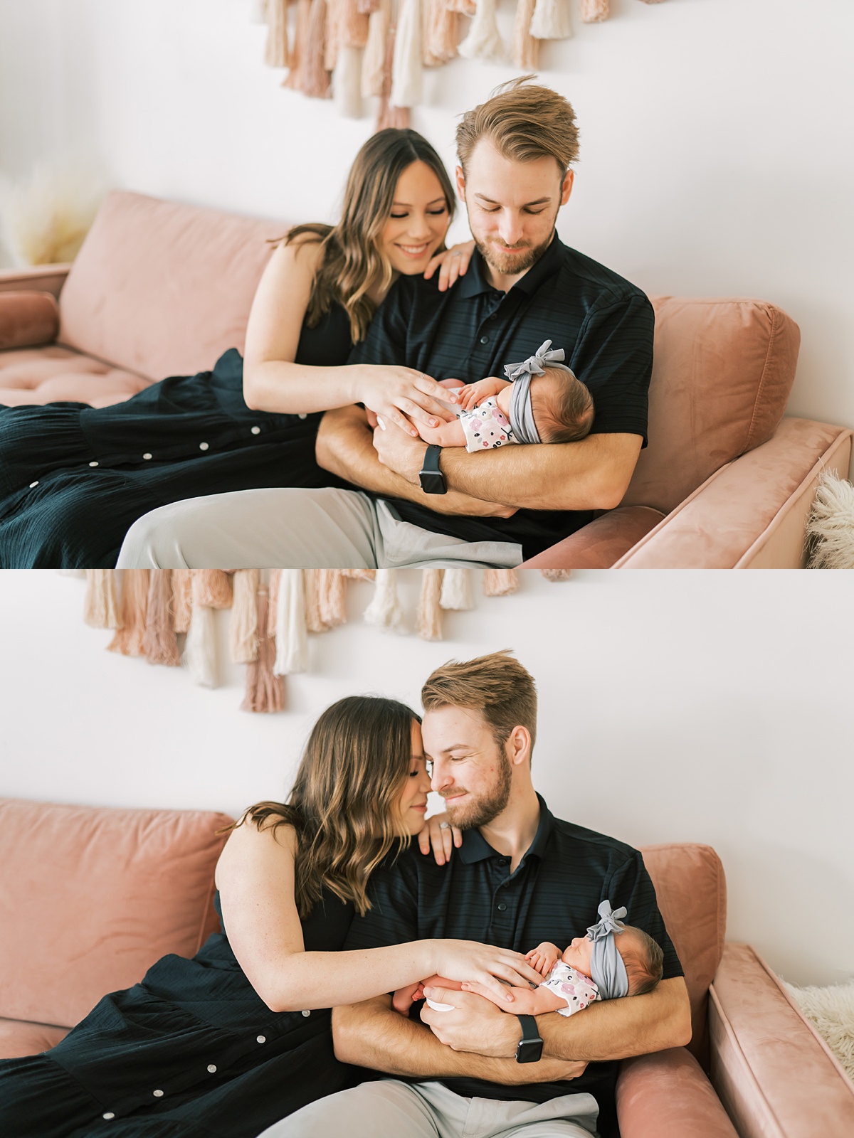 couple holding baby together on couch