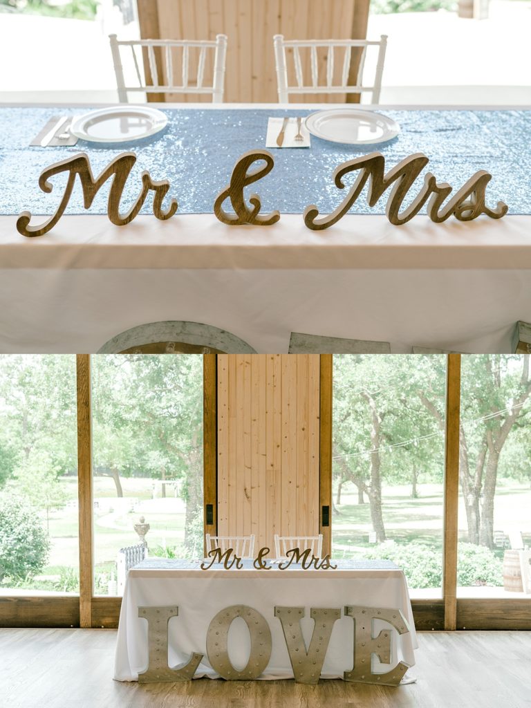 Mr & Mrs sign at wedding reception bride groom table