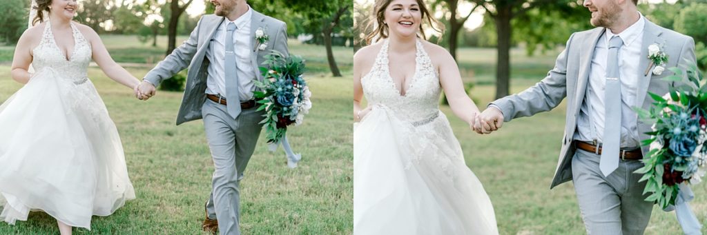 bride and groom holding hands and running through field The Hamptons at Weatherford wedding