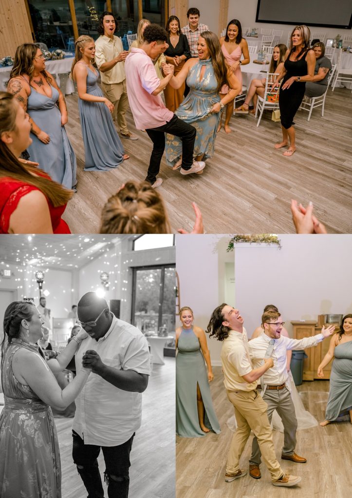 friends and family dancing at wedding reception