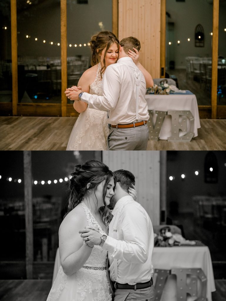 bride and groom dance at wedding reception