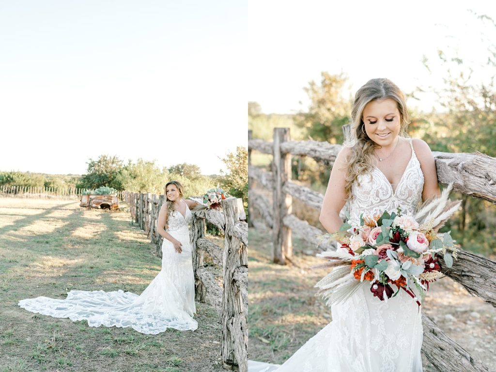 Bride leaning against fence post at Diamond H3 Ranch Texas bridal session