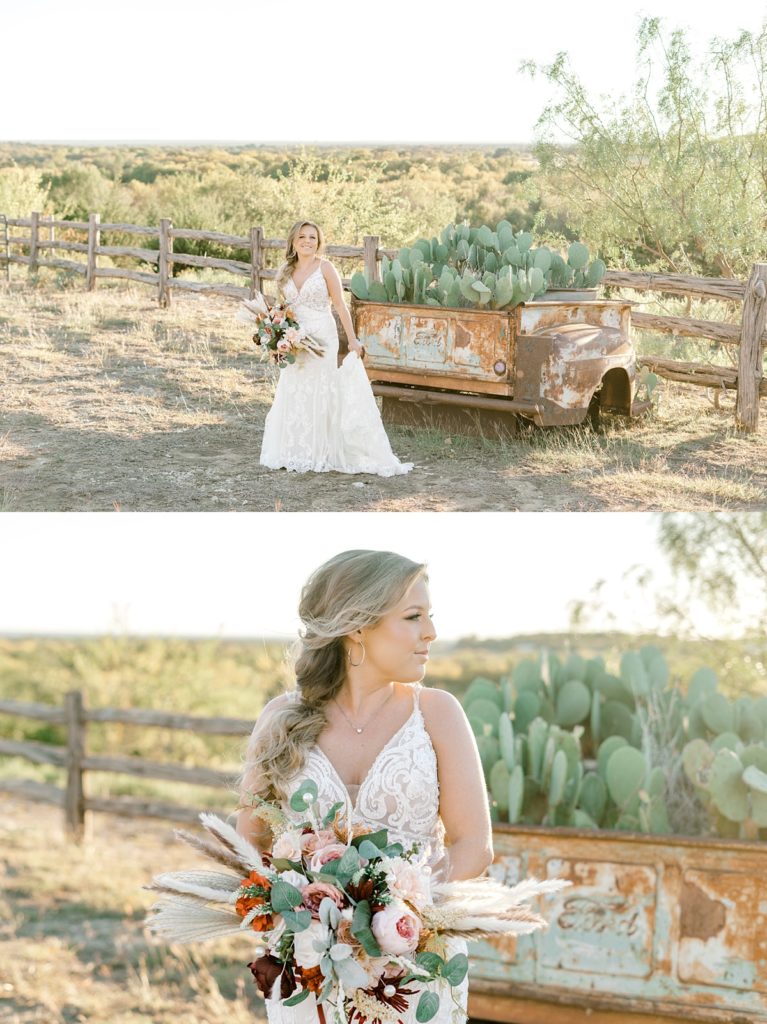 Bride standing in field next too cacti Diamond H3 Ranch Texas bridal session