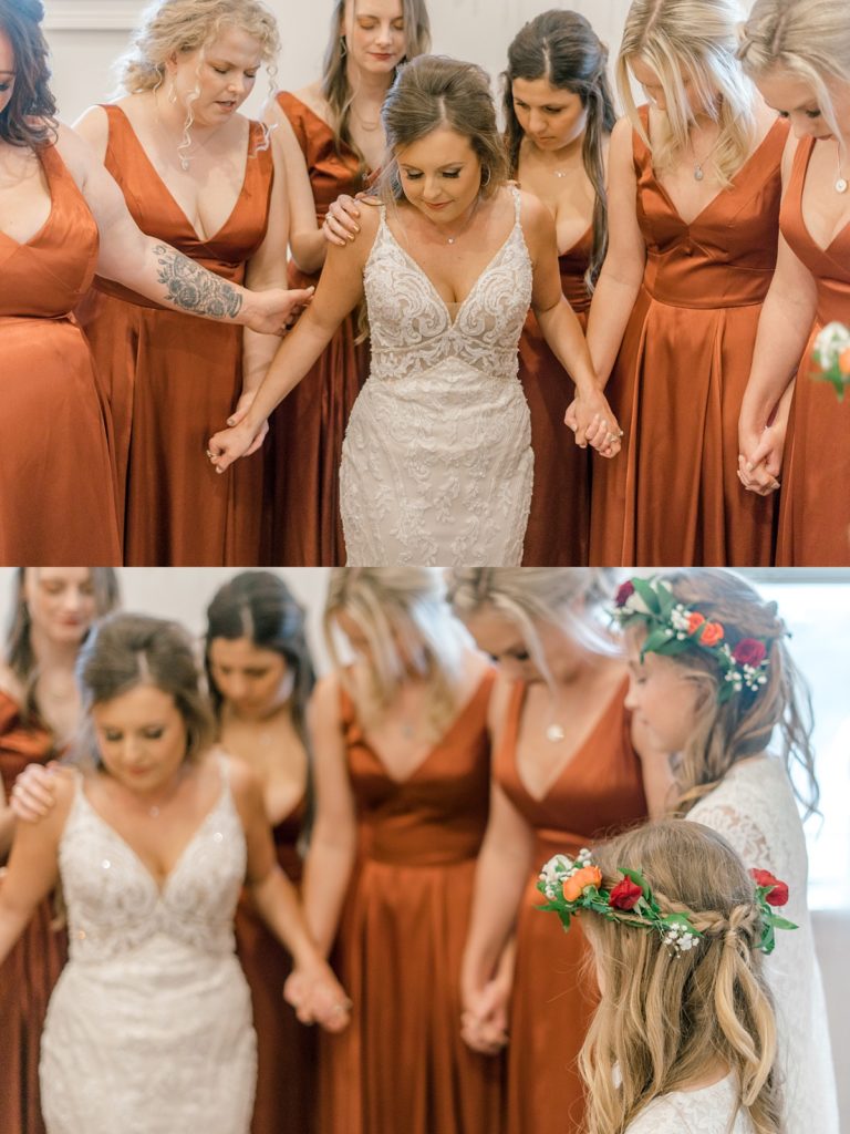 bride praying with bridesmaids before the wedding Diamond H3 Ranch