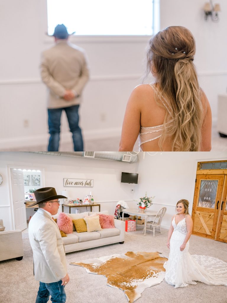 bride first look with father at Diamond H3 Ranch wedding Texas