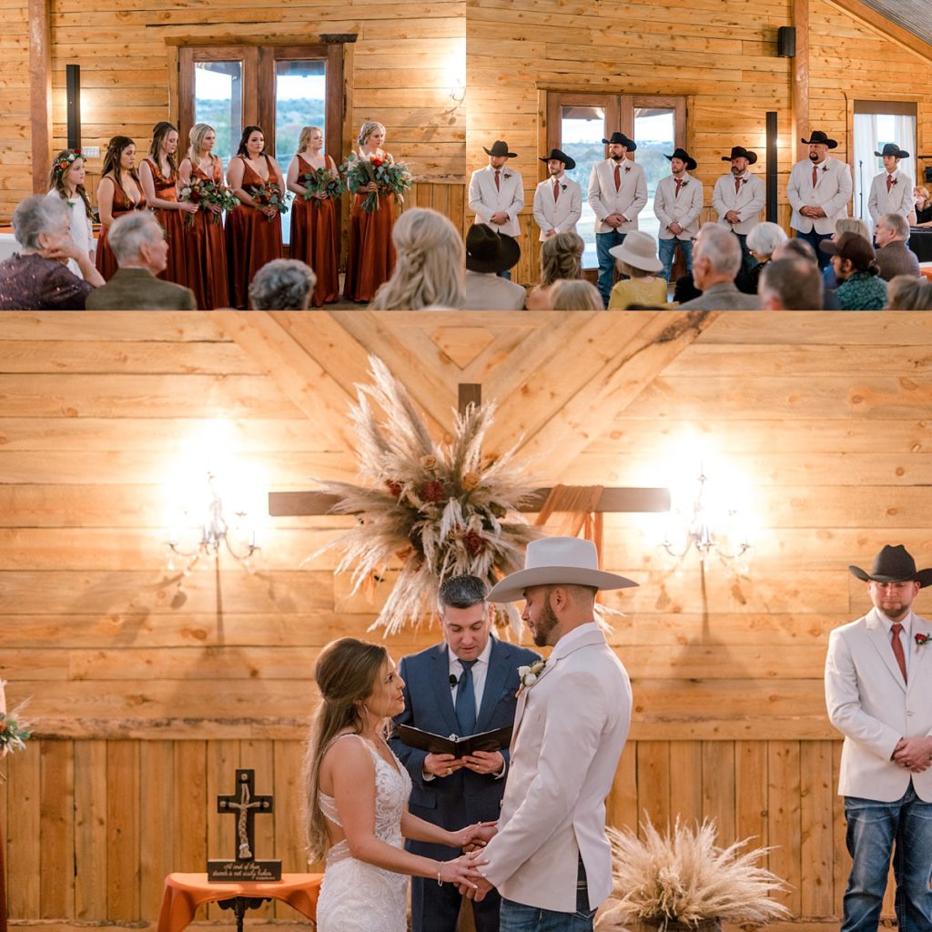 bride and groom exchange vows at alter Diamond H3 Ranch Texas wedding