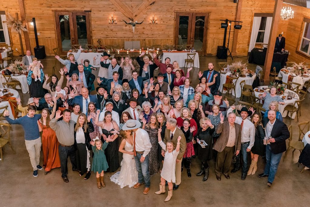 group photo at wedding reception