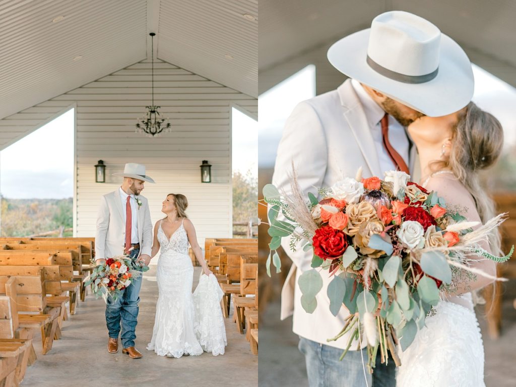 bride and groom hold hands and kiss in air chapel Diamond H3 Ranch wedding Texas