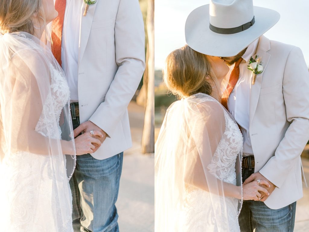 bride and groom holding hands and kissing