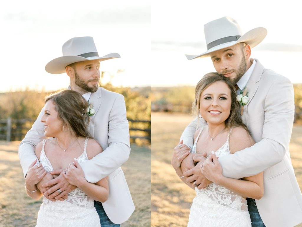 groom hugging bride from behind